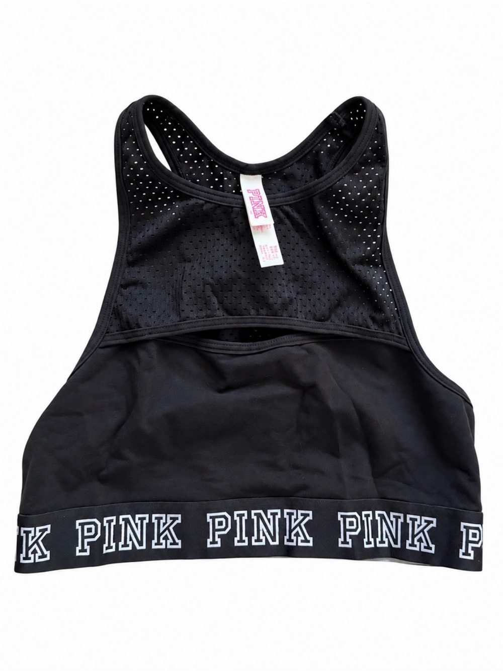 Victoria’s Secret PINK Black Mesh Racerback Logo Band Sports Bra Size Medium